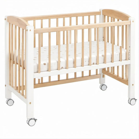 Babywiege aus Massivholz mit Rollen, Weiss/Natur, Liegefläche 90 x 40 cm