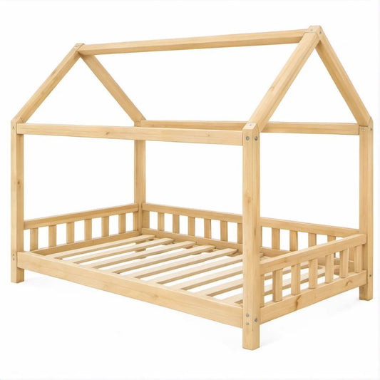 Kinder-Hausbett aus massivem Kiefernholz, Natur, 90 x 200 cm, mit Lattenrost
