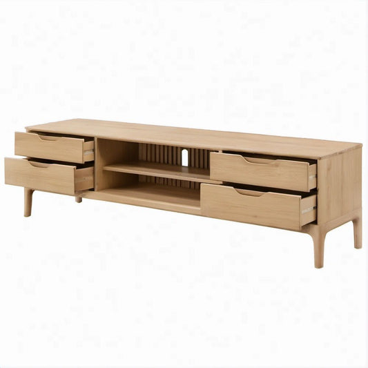 TV-Lowboard aus massiver Eiche, Natur, mit 4 Schubladen und 2 offenen Fächern, 180 x 45 x 55 cm
