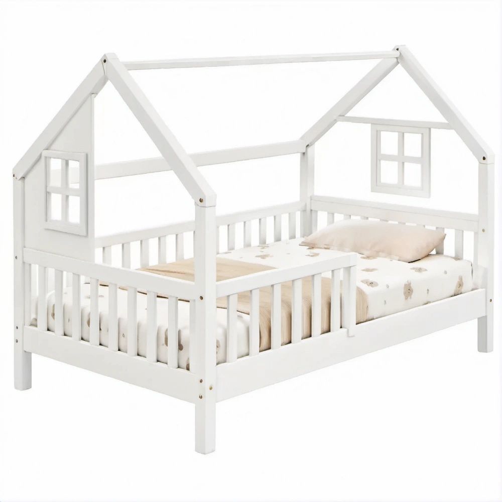Kinder-Hausbett aus massivem Kiefernholz, Weiss, 160 x 80 cm