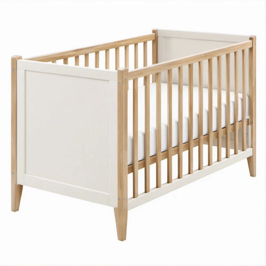 Gitterbett aus massivem Kiefernholz und MDF, Weiss/Natur, 124 x 65 x 90 cm, für Matratze 120 x 60 cm