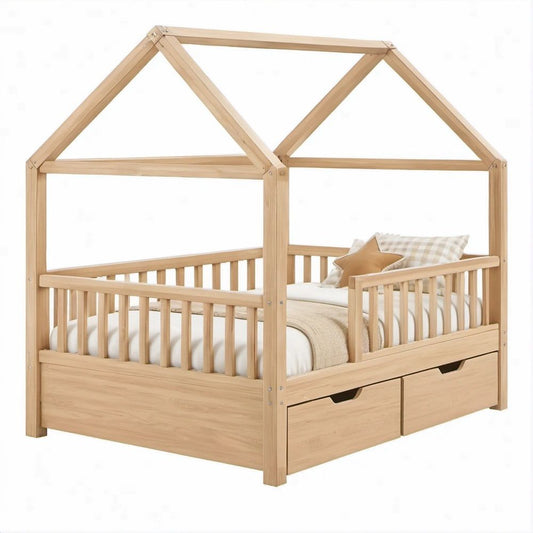Kinderhausbett aus massivem Kiefernholz Natur, 90 x 200 cm, mit Rausfallschutz und 2 Schubladen