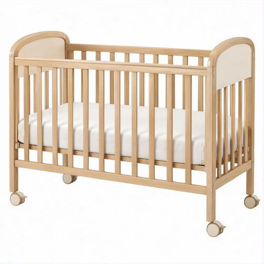 Baby-Gitterbett aus massivem Buchenholz Natur/Weiss mit Rollen, 120 x 60 cm