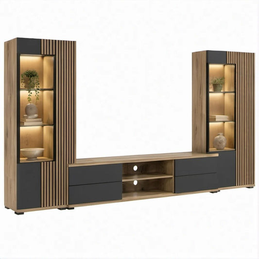 Wohnwand in Eicheoptik und Anthrazit, 320 x 40 x 190 cm, mit LED-Beleuchtung