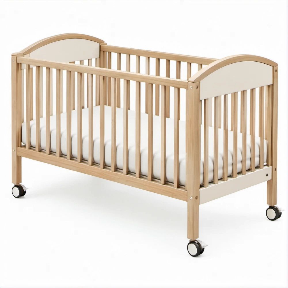 Babybett aus massivem Buchenholz mit Rollen, Natur/Weiss, 120 x 60 cm