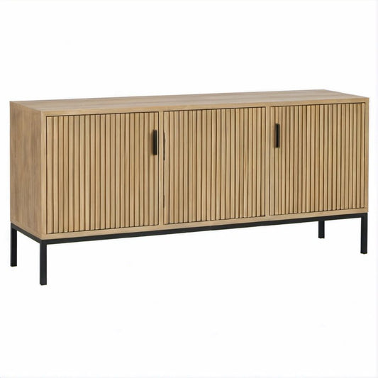 TV-Schrank aus Eichenfurnier mit geriffelten Türen und schwarzem Stahlgestell, 160 x 40 x 80 cm